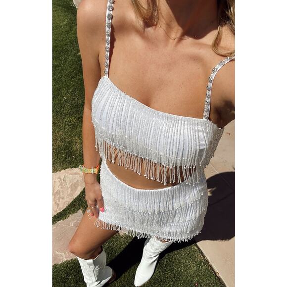 Show Me Your Mumu Swift Fringe Top in White Beaded Fringe XS - Picture 1 of 6